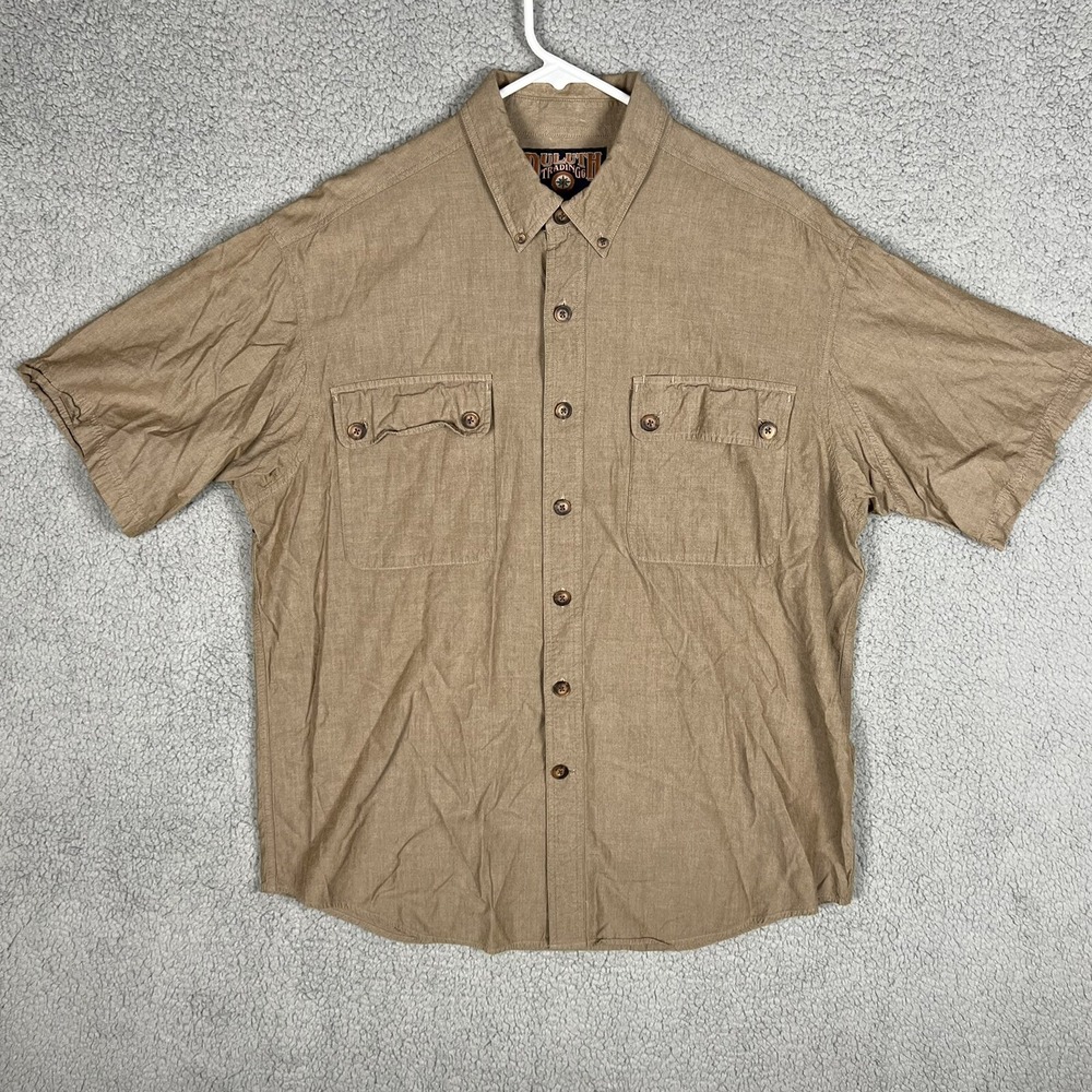 Duluth Trading‎ Co Men's L Khaki S/S Button Down Shirt Bamboo Rayon Cotton Blend
